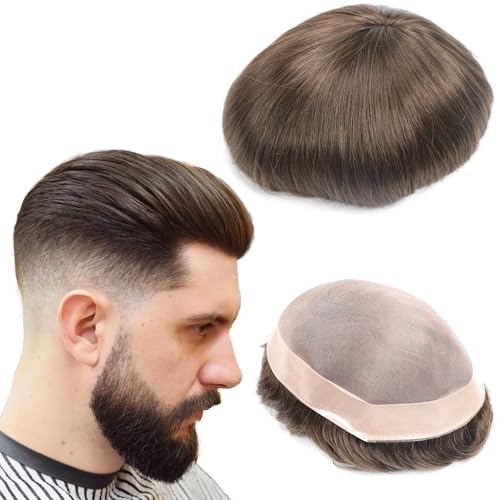 lumeng Toupee for Men Hairpiece Human Hair Replacement Brown Hair System Mono Base Npu Around Lace Systems Mans Hair Unit Size 8x10 Inch 6Inch Length Color 4 Natural Hairline Durable Patch Units - Image 2