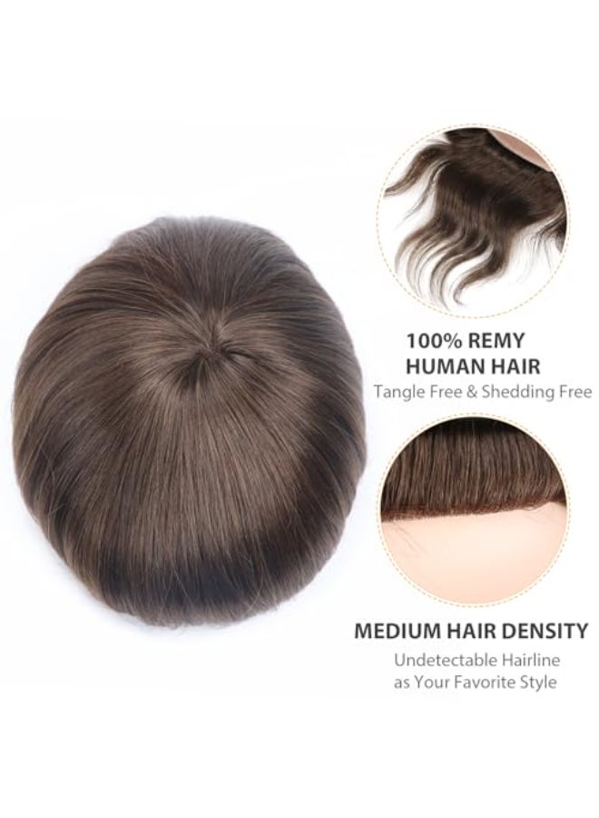 lumeng Toupee for Men Hairpiece Human Hair Replacement Brown Hair System Mono Base Npu Around Lace Systems Mans Hair Unit Size 8x10 Inch 6Inch Length Color 4 Natural Hairline Durable Patch Units - Image 4