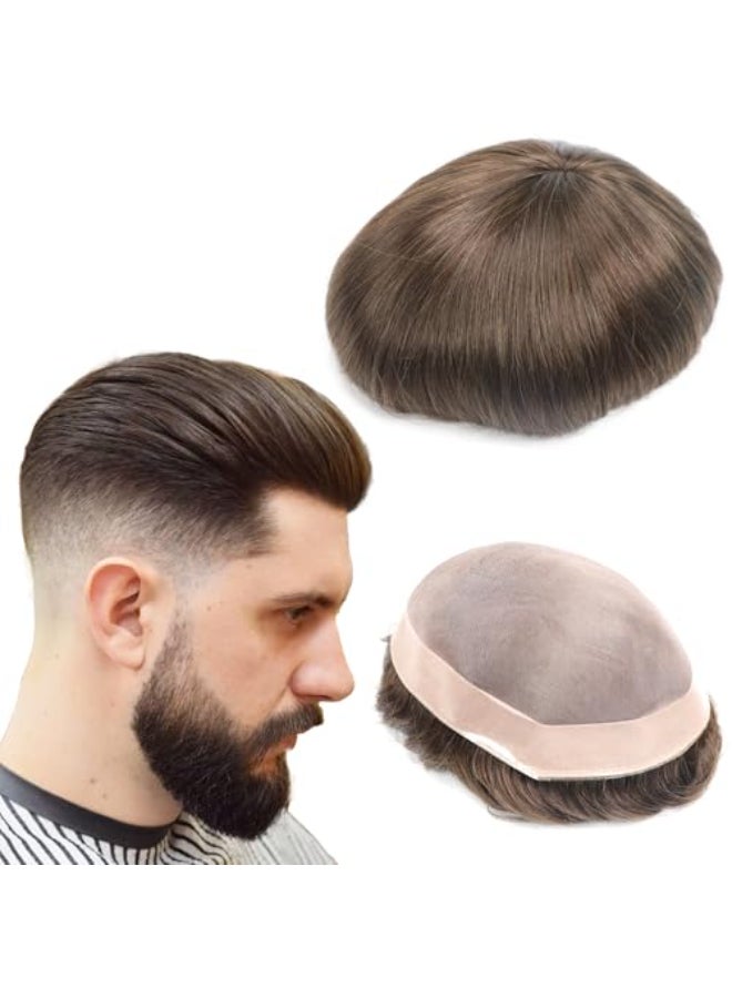 lumeng Toupee for Men Hairpiece Human Hair Replacement Brown Hair System Mono Base Npu Around Lace Systems Mans Hair Unit Size 8x10 Inch 6Inch Length Color 4 Natural Hairline Durable Patch Units - Image 1
