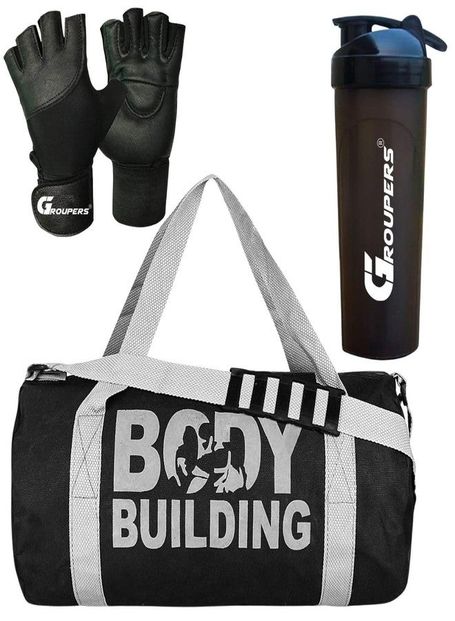 Groupers 20-25L Travel & Gym Duffle Bag Combo - Black (43×25×23 cm) + 700ml Insulated Protein Shaker + Padded Workout Gloves, Gym Kit Combo for Men & Women - Image 1