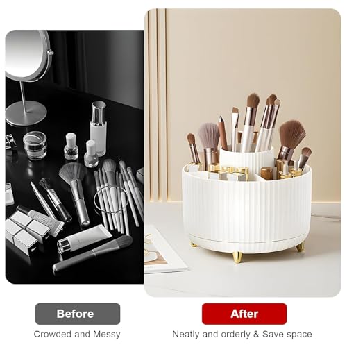 Diesisa Makeup Brush Holder Organizer,360° Rotating Makeup Brush Organizer,5 Slot Make up Brushes Cup for Cosmetics, Nail Polish, Art Supply, Bathroom Vanity Desktop Organizer - White - Image 3