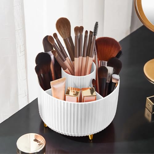Diesisa Makeup Brush Holder Organizer,360° Rotating Makeup Brush Organizer,5 Slot Make up Brushes Cup for Cosmetics, Nail Polish, Art Supply, Bathroom Vanity Desktop Organizer - White - Image 1
