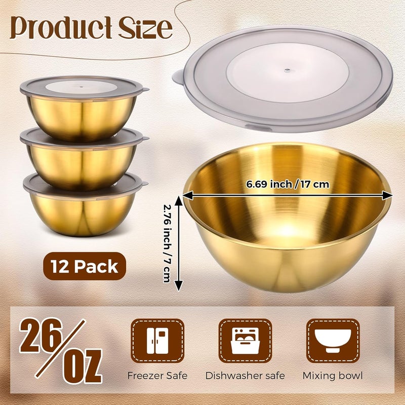 Nuogo 12 Pack Gold Mixing Bowls with Airtight Lids 26 oz Gold Serving Bowl Metal Salad Fruit Bowls Stainless Steel Soup Bowls Kitchen Accessories for Lunch Snack - Image 2
