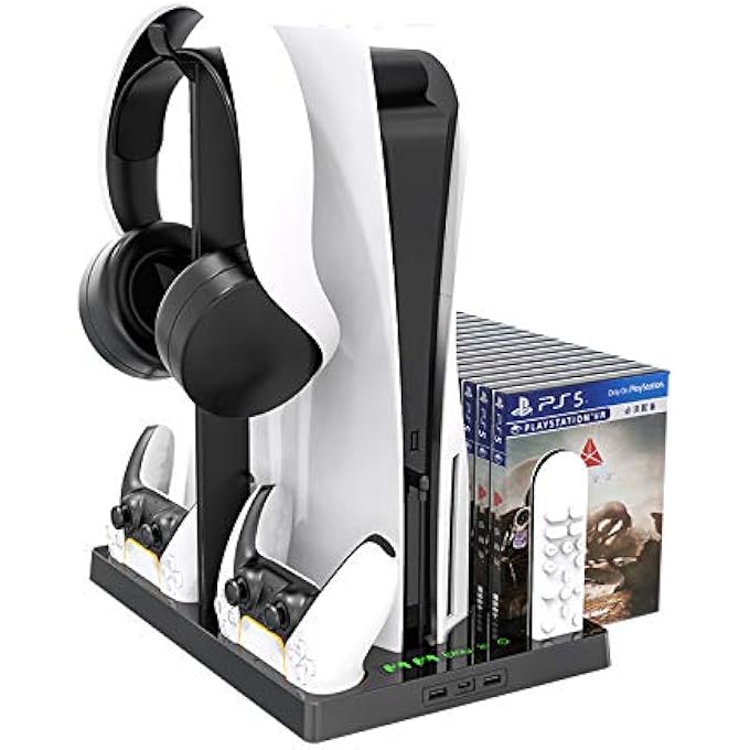 rayihni حامل شحن متعدد الوظائف مع مروحة تبريد لجهاز PS5 إصدار القرص/الرقمي/وحدة تحكم PS5، شاحن عمودي مع تخزين تبريدي لجهاز PS5 VR بلاي ستيشن (أسود) - Image 1