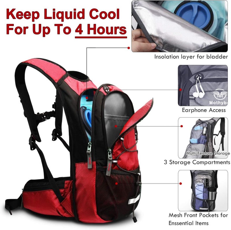 Mothybot Hydration Pack, Insulated Hydration Backpack with 2L BPA Free Water Bladder and Storage, Hiking Backpack for Men, Women, Kids for Running, Cycling, Camping - Keep Liquid Cool up to 5 Hours - Image 2