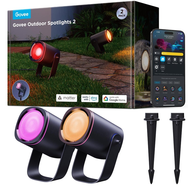 Govee Outdoor Spot Lights 2, IP67 Waterproof Spotlights, Landscape Lights Work with Matter, Alexa, and Google Assistant, RGBWIC Color Changing Light for Outdoor Decor, Patio Decorations, 2 Pack - Image 1