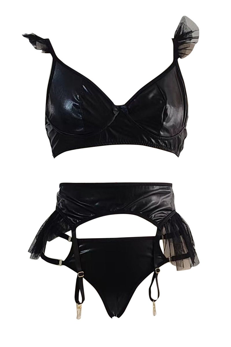 MRMISS Women's two-piece underwear set 3-piece lace fan-shaped lace garter underwear set ladies skin-friendly elastic slimming clothing - Image 1