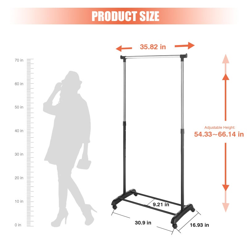 Whitmor Black and Chrome Adjustable Garment Rack-Rolling Clothes Organizer, 18.5" D x 33" W x 66" H - Image 3