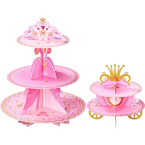 Zopeal 2 Pcs Princess Party Cupcake Stand 3 Tiers Castle Cupcake Stand Princess Birthday Dessert Tower for Wedding Birthday Baby Shower Supplies (Dress) - Image 1