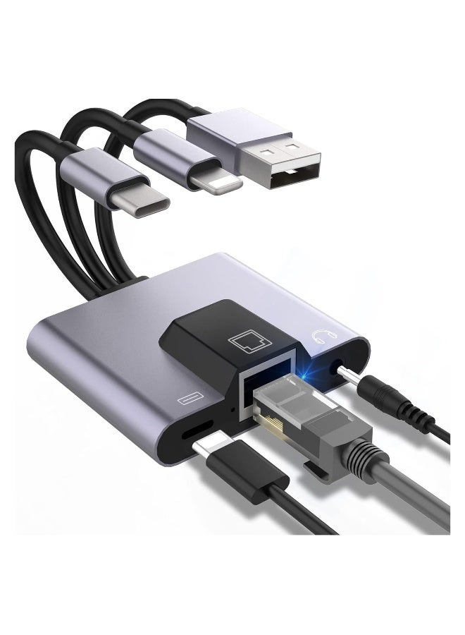 USB to Ethernet Adapter, 3-in-1 Aluminum Driver Free, LAN Network Adapter with RJ45 10/100Mbps for Laptop PC with Windows/Mac OS/Phone/Pad, 3.5mm Audio Socket, Plug and Play - Image 1