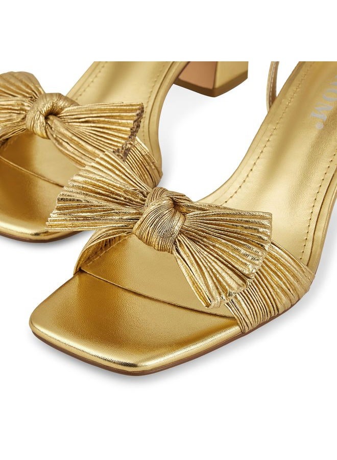 ISNOM Women's Bow Knot Heeled Sandals Ankle Buckle Strap Open Toe Block Chunky Heel Bride Wedding Party Fashion Heels, Gold, 7.5 - Image 5