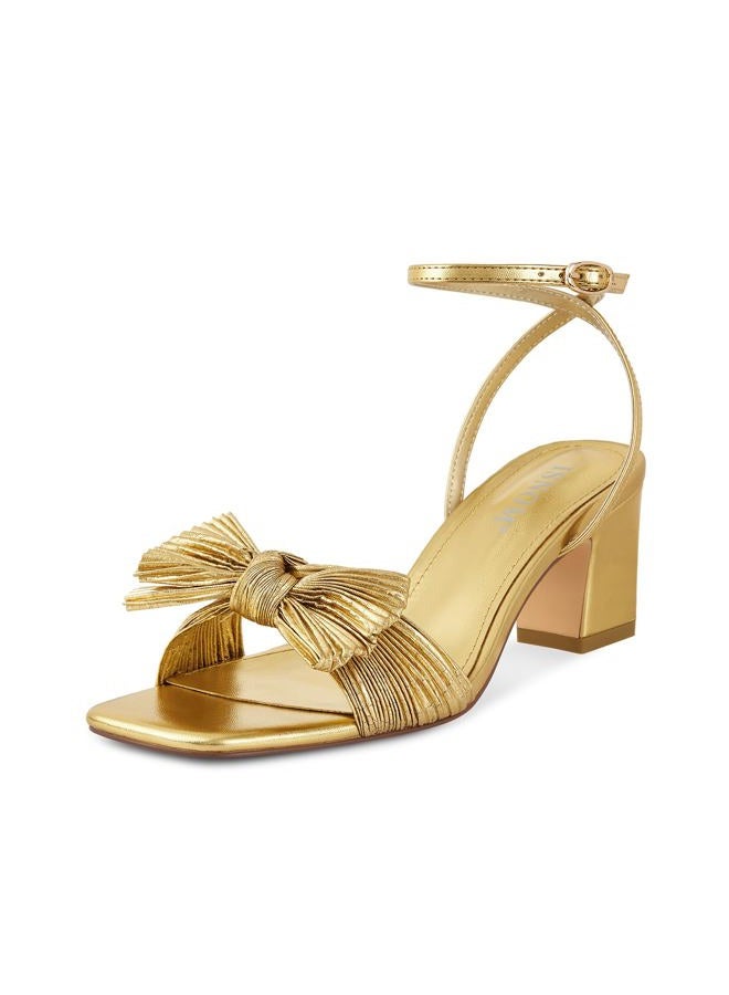 ISNOM Women's Bow Knot Heeled Sandals Ankle Buckle Strap Open Toe Block Chunky Heel Bride Wedding Party Fashion Heels, Gold, 7.5 - Image 1