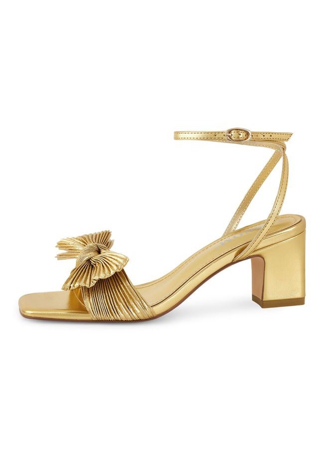 ISNOM Women's Bow Knot Heeled Sandals Ankle Buckle Strap Open Toe Block Chunky Heel Bride Wedding Party Fashion Heels, Gold, 7.5 - Image 4
