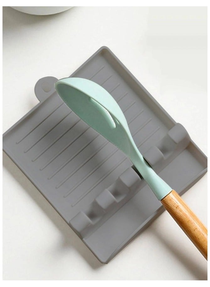 Silicone Utensil Rest, Kitchen Spoon Holder with Drip Pad, Multifunction Countertop Kitchen Utensil Rack for Spoon, Fork, Chopsticks, Spatula, Lid, Grey  - Image 2