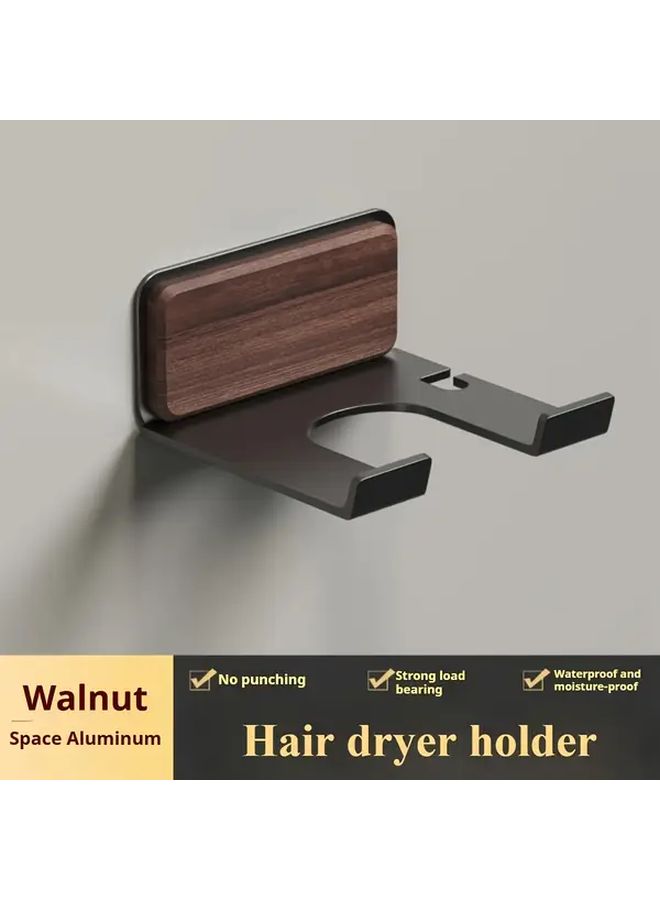 Walnut Wood Wall Mounted Hair Dryer Holder No Drill Bathroom Storage Rack - Image 4