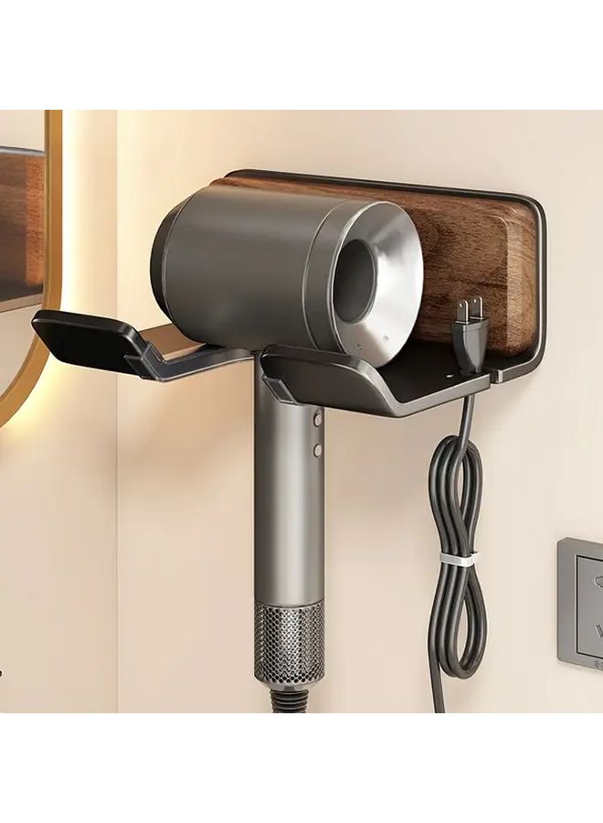 Walnut Wood Wall Mounted Hair Dryer Holder No Drill Bathroom Storage Rack - Image 1