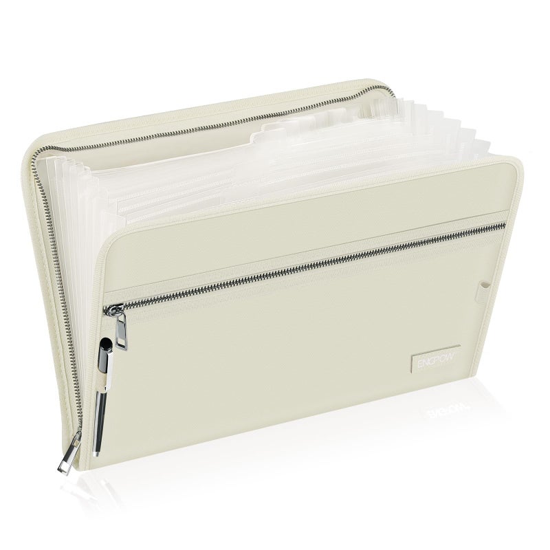 ENGPOW Accordion File Organizer,Fireproof 13 Pockets Expanding File Folder,Document Organizer Folder with Zipperï¼†Labels,Portable Home Travel Safe Storage for Letter A4 Files and More,Beige - Image 1