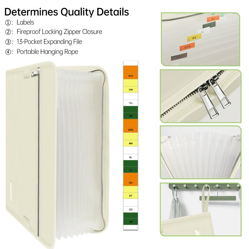 ENGPOW Accordion File Organizer,Fireproof 13 Pockets Expanding File Folder,Document Organizer Folder with Zipperï¼†Labels,Portable Home Travel Safe Storage for Letter A4 Files and More,Beige - Image 5