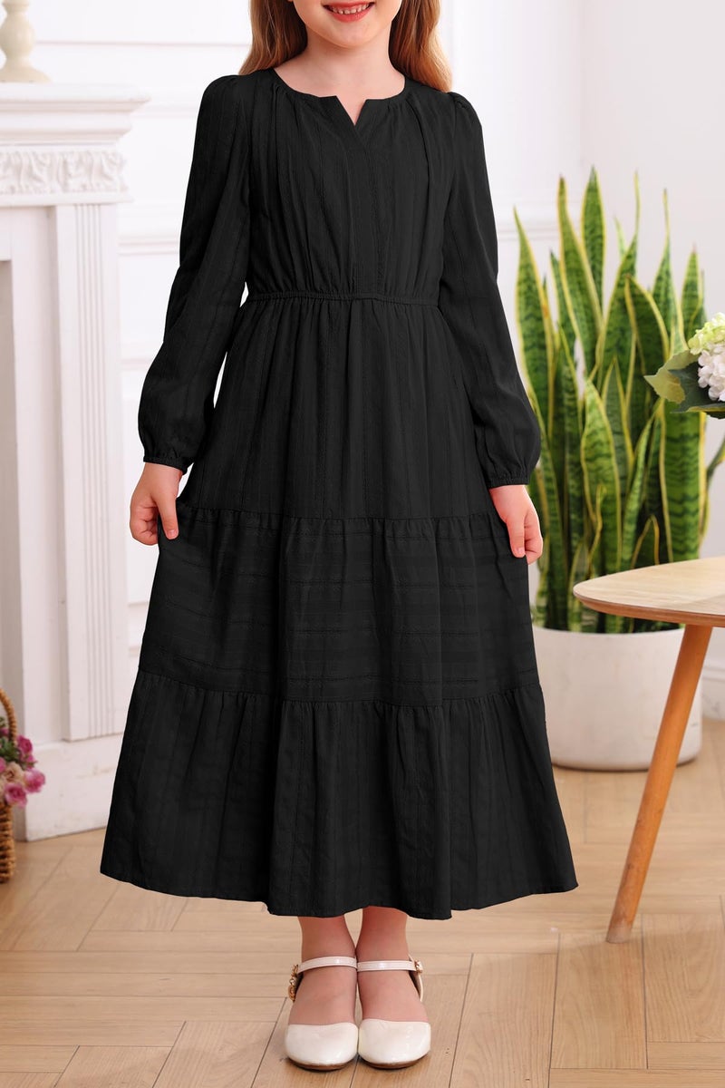 HOSIKA Tween Girls Long Sleeve Fall Dress High Waist Black Formal Long Maxi Dresses - Image 2