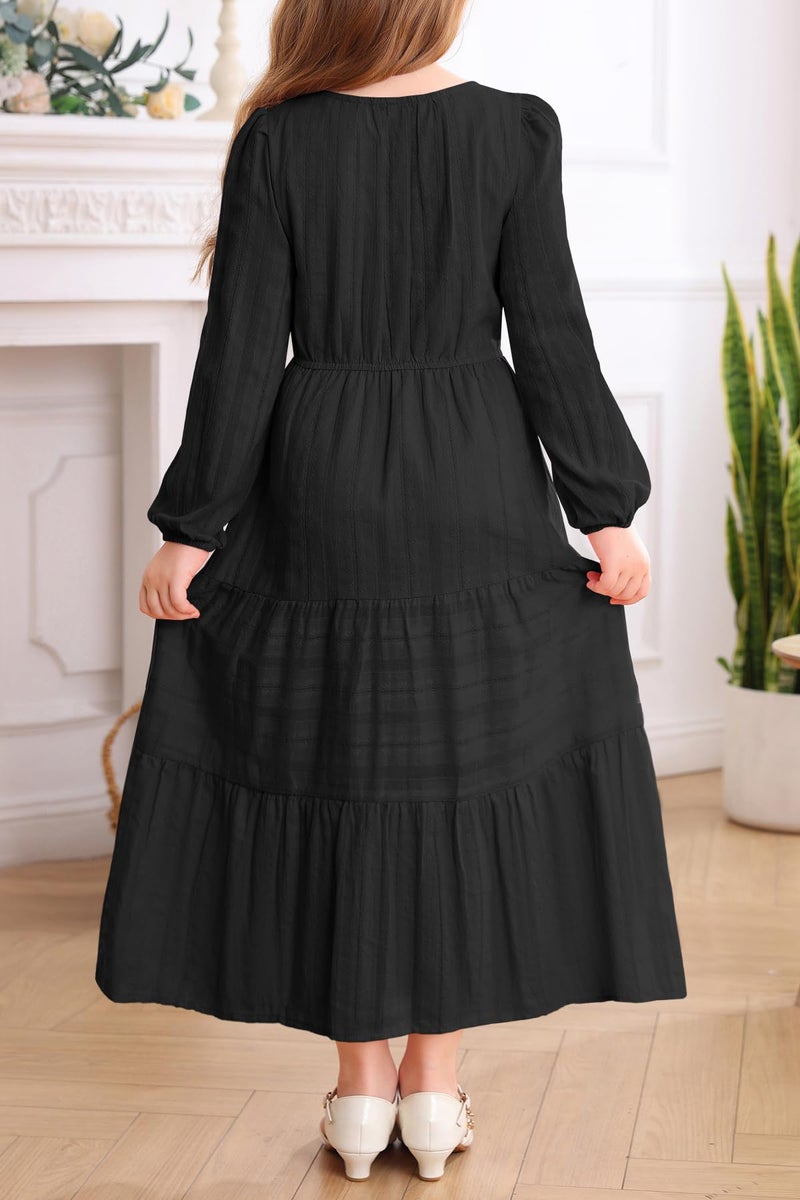 HOSIKA Tween Girls Long Sleeve Fall Dress High Waist Black Formal Long Maxi Dresses - Image 5