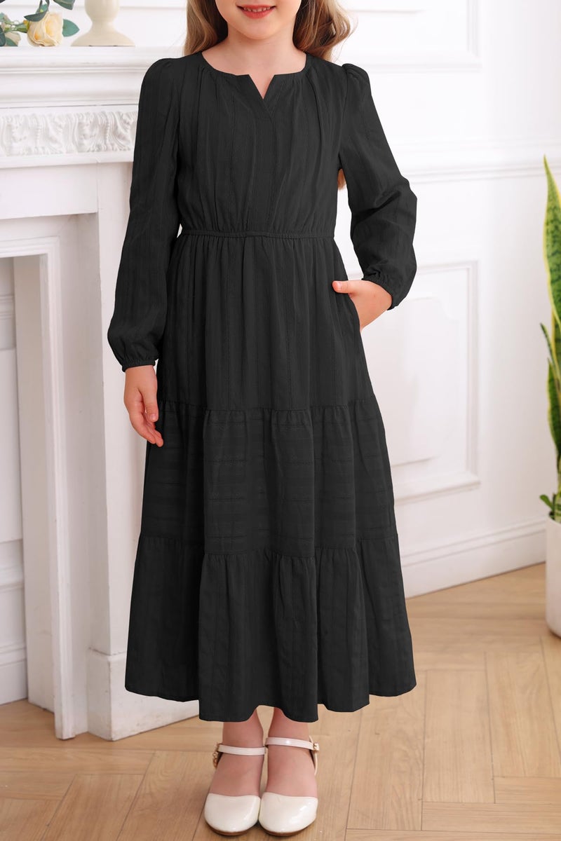 HOSIKA Tween Girls Long Sleeve Fall Dress High Waist Black Formal Long Maxi Dresses - Image 3