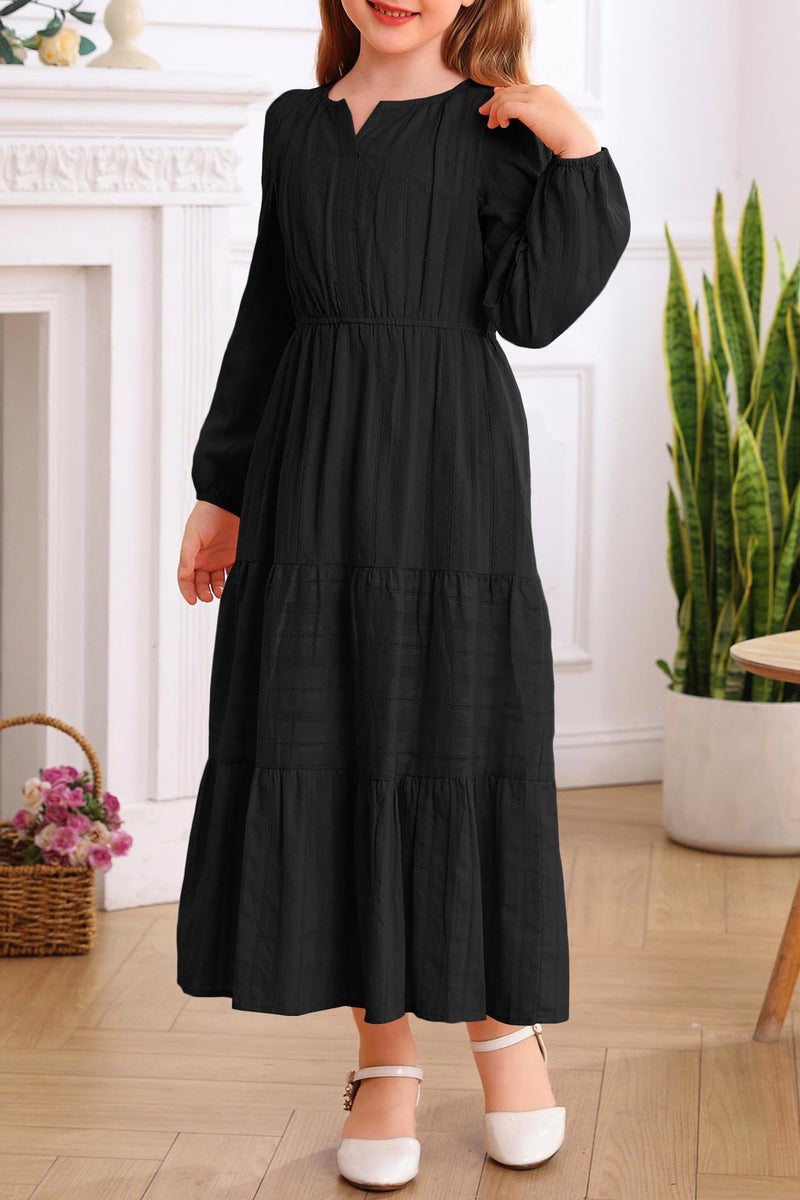 HOSIKA Tween Girls Long Sleeve Fall Dress High Waist Black Formal Long Maxi Dresses - Image 4