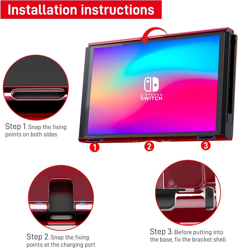 حافظة 3 في 1 الواقية الحمراء الشفافة لجهاز Nintendo Switch، حافظة قابلة للتركيب على القاعدة لجهاز Nintendo Switch وجهاز تحكم Joy Con مع غلاف قبضة شفاف لامع مصمم لامتصاص الصدمات ومقاومة الخدوش - Image 4
