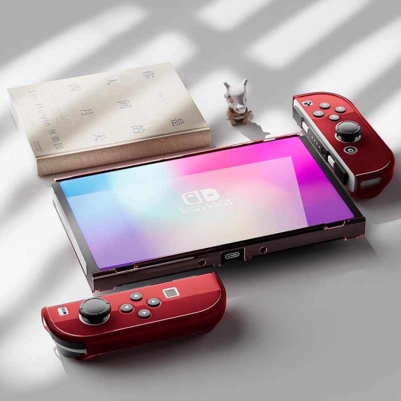 حافظة 3 في 1 الواقية الحمراء الشفافة لجهاز Nintendo Switch، حافظة قابلة للتركيب على القاعدة لجهاز Nintendo Switch وجهاز تحكم Joy Con مع غلاف قبضة شفاف لامع مصمم لامتصاص الصدمات ومقاومة الخدوش - Image 5