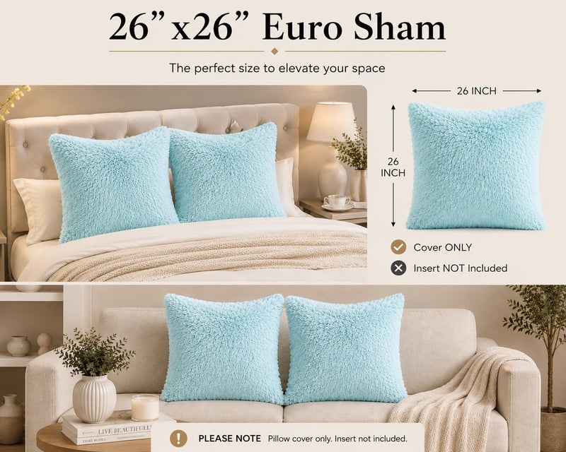 Reafort Luxury PV Fur Euro Sham Pillow Cover 26x26, Long Hair Faux Fur Plush Cushion Case with Hidden Zipper, Ultra Soft Decorative Pillow Cover for Bed Couch Sofa (Aqua, Euro Sham) - Image 3