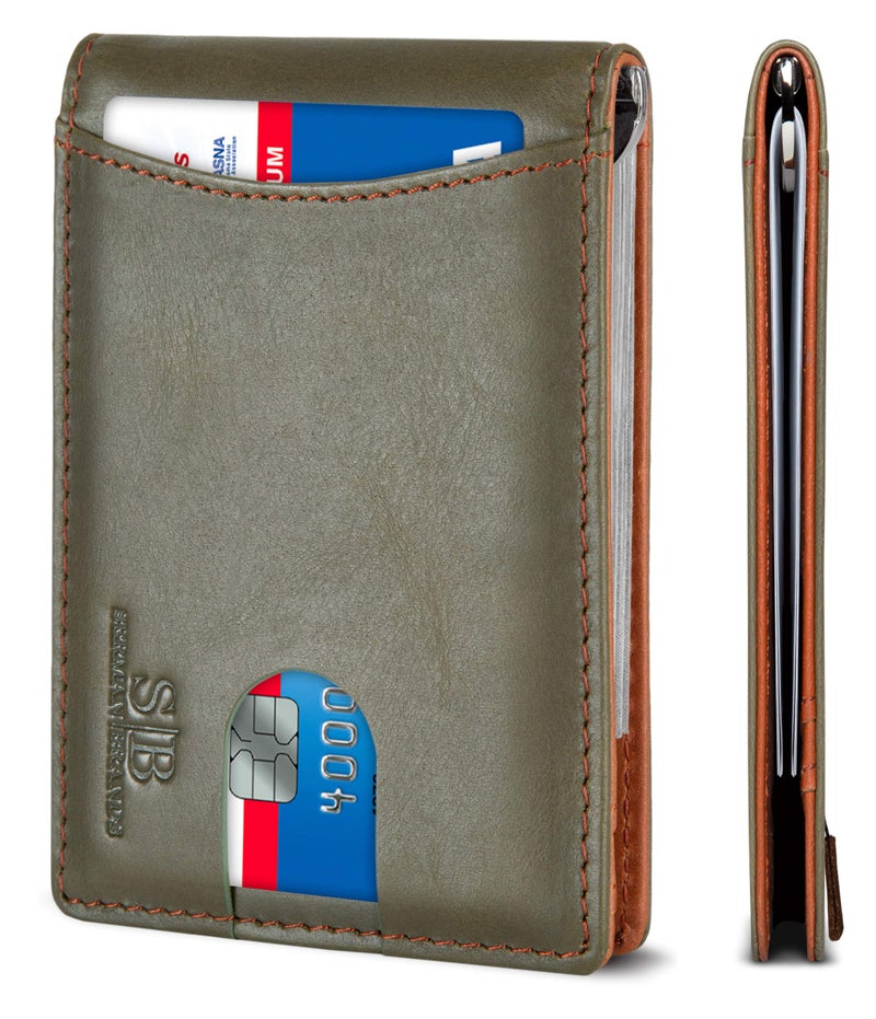 SERMAN BRANDS RFID Blocking Slim Bifold Genuine Leather Minimalist Front Pocket Wallets for Men with Money Clip Thin Mens (Salted Green 1.0) - Image 1