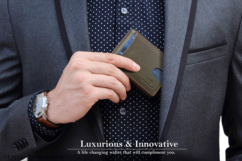 SERMAN BRANDS RFID Blocking Slim Bifold Genuine Leather Minimalist Front Pocket Wallets for Men with Money Clip Thin Mens (Salted Green 1.0) - Image 2