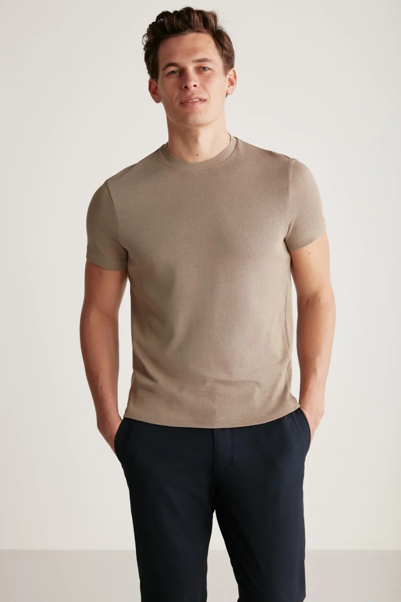 GRIMELANGE Jeremy Men's Slim Fit Knitwear-Look Fabric Knitwear Collar Thick Textured Mink T-Shirt
