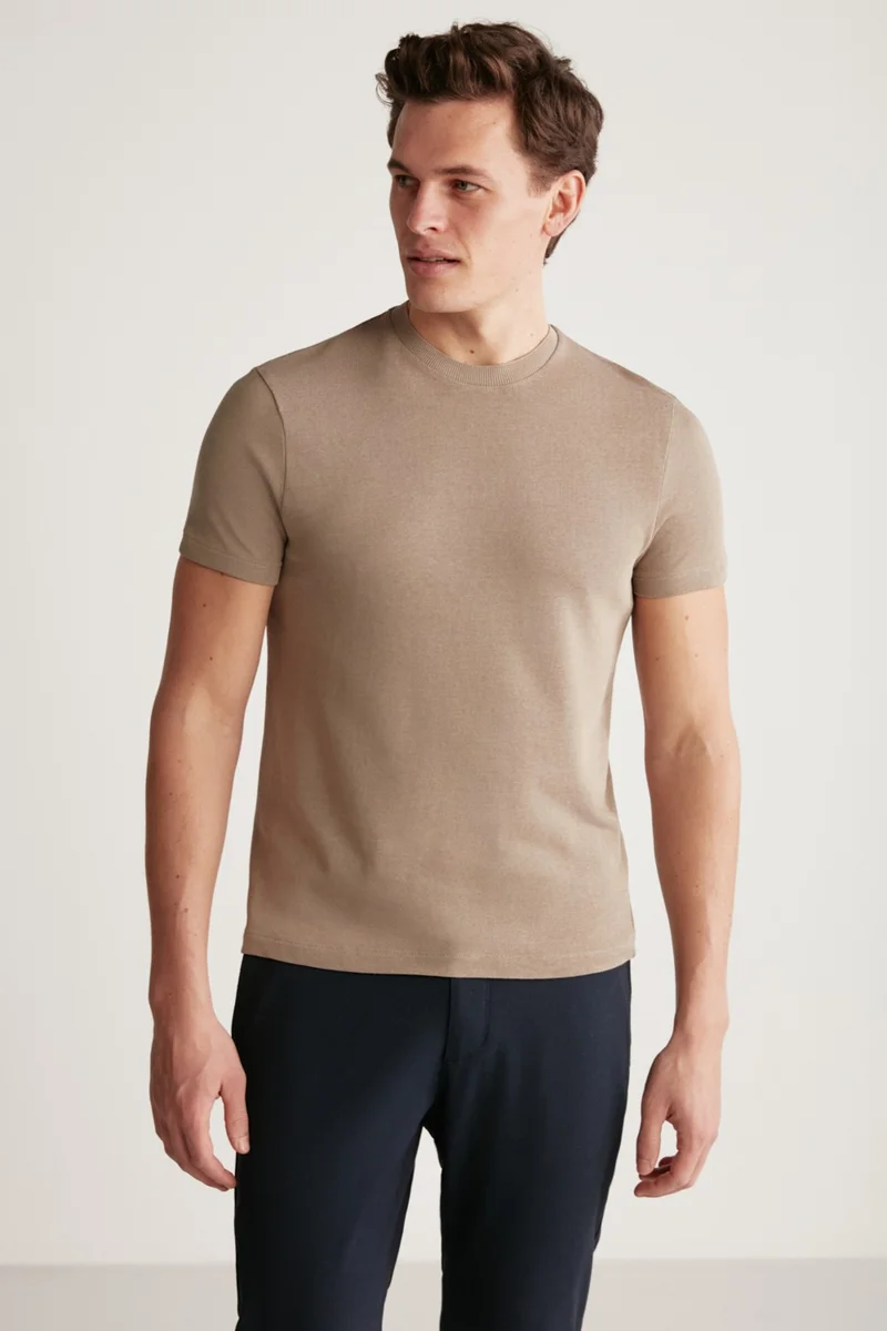 GRIMELANGE Jeremy Men's Slim Fit Knitwear-Look Fabric Knitwear Collar Thick Textured Mink T-Shirt