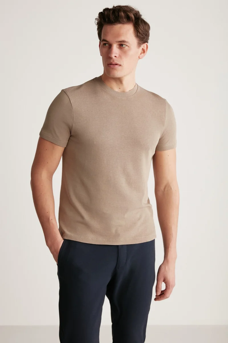 GRIMELANGE Jeremy Men's Slim Fit Knitwear-Look Fabric Knitwear Collar Thick Textured Mink T-Shirt