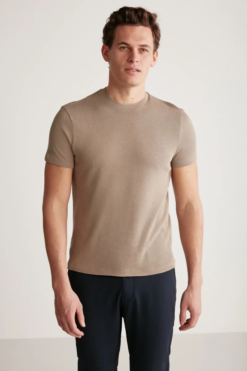 GRIMELANGE Jeremy Men's Slim Fit Knitwear-Look Fabric Knitwear Collar Thick Textured Mink T-Shirt