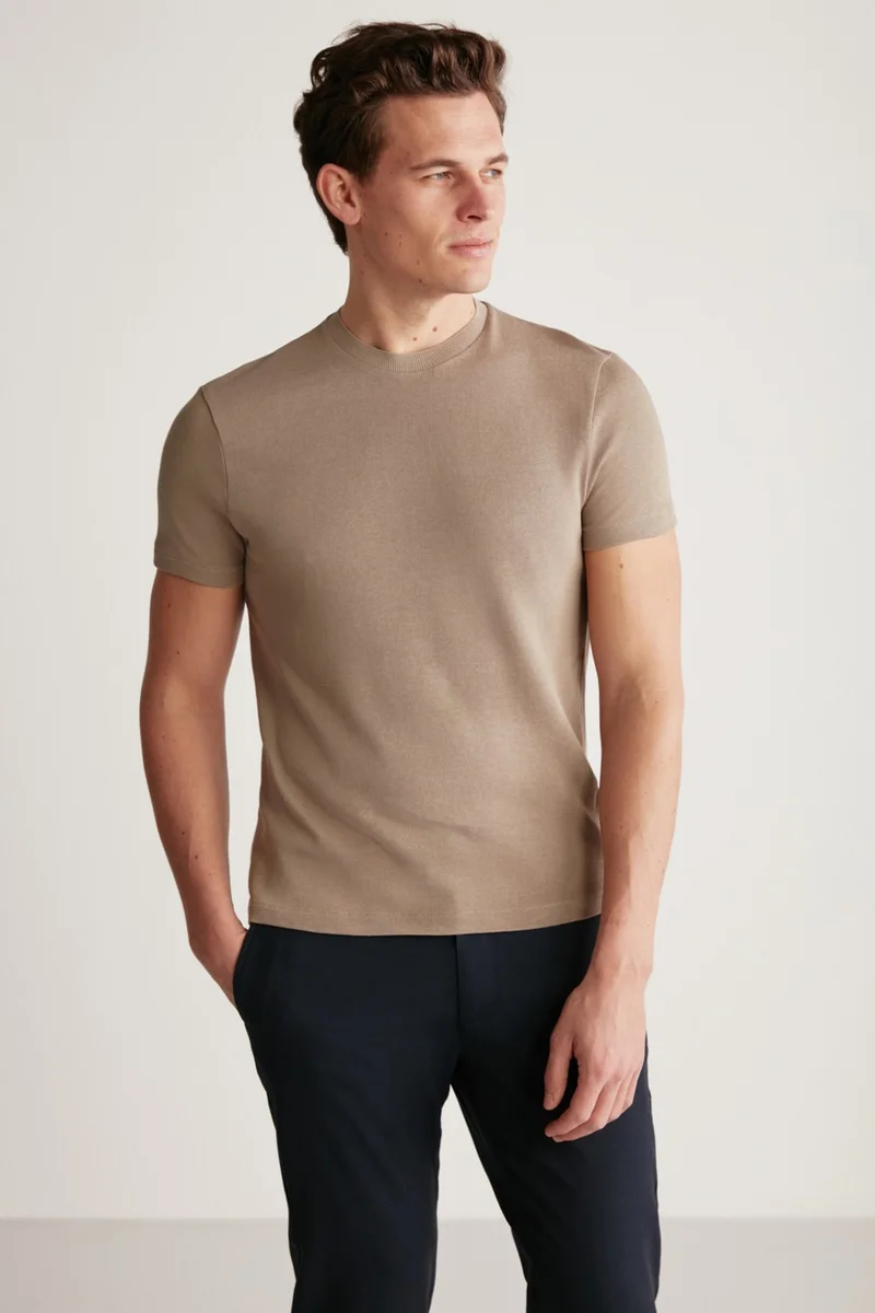 GRIMELANGE Jeremy Men's Slim Fit Knitwear-Look Fabric Knitwear Collar Thick Textured Mink T-Shirt