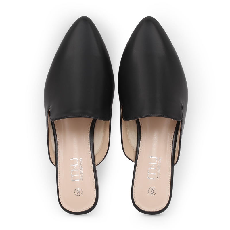MUSSHOE Pointed Toe Mules for Women: Comfortable Slip On Flats with Soft Memory Foam - Non-Slip Lightweight Backless Loafers for Office Work & Business Casual,Black Pu 8 - Image 1