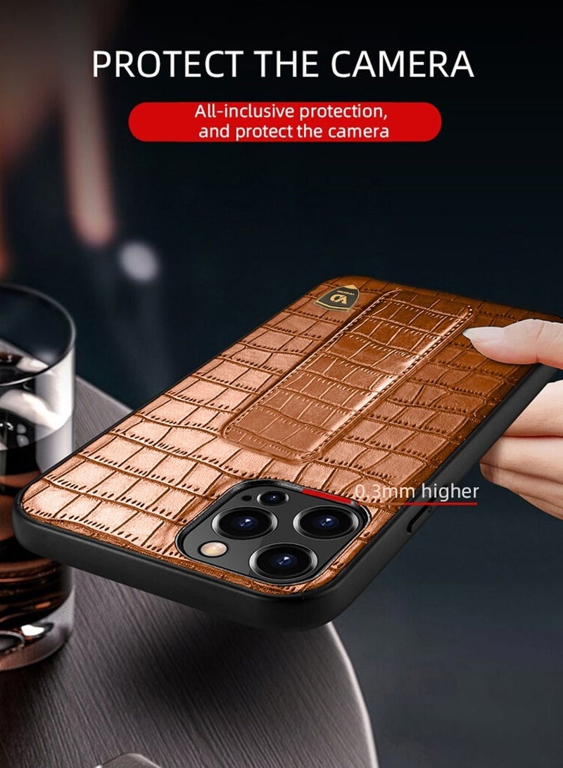 Techie Apple iPhone 14 Pro Max Strap Alligator Pattern Leather Back Case - Brown - Image 4