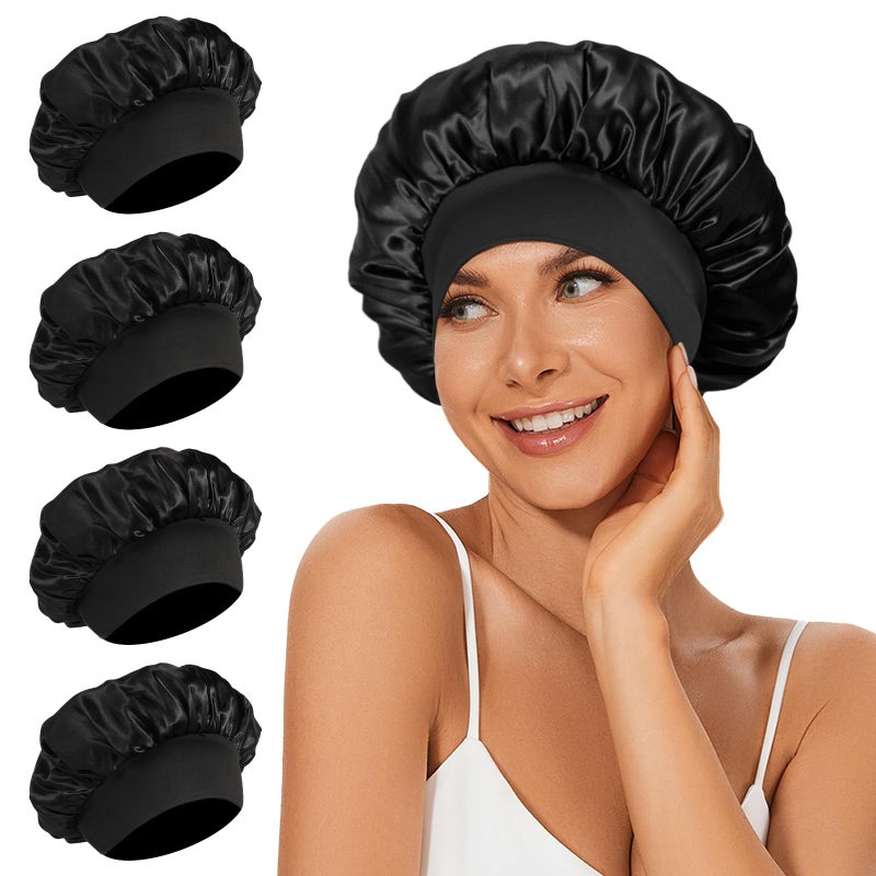 4Pcs Satin Bonnet Silk Bonnet Hair Bonnet for Sleeping Elastic Wide Band Silk Sleep Cap Soft and Breathable