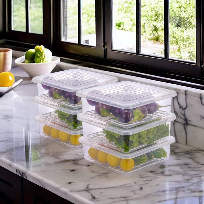 Homeor Plastic MultiPurpose Food Storage Container With Removable Drain Plate And LidStackAble Freezer Storage Containers To Keep Fresh For VegetablesFruitsFishMeatTransparent2500 Ml Set Of 6 - Image 1