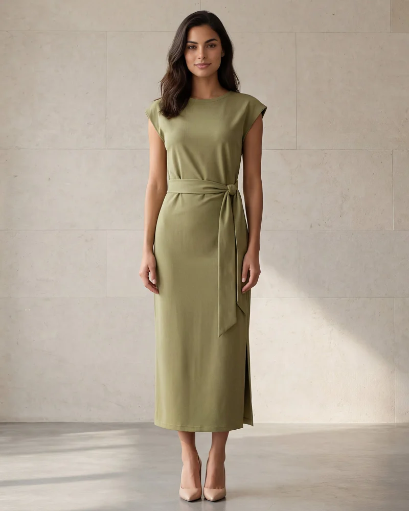 Redtag Women Green Plain Front Tie Jersey Dress