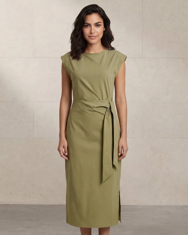 Redtag Women Green Plain Front Tie Jersey Dress