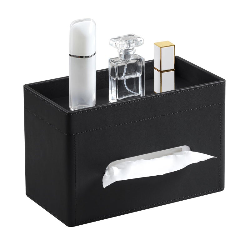 MEIBOOCH Plus Size Tissue Box Cover Rectangle PU Leather Tissue Box Holder with Storage Tray Decorative Organizer Tissue Holder for Bathroom Bedroom Dresser Night Stand Office Black