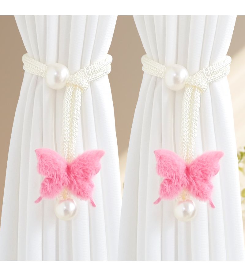 Light Pink 2pcs Simulation Butterfly Curtain Strap Pearl Decoration Non Perforated Buckle - Image 1