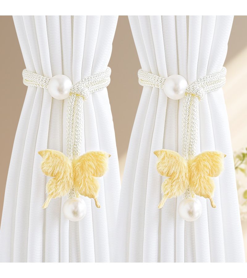 Light Pink 2pcs Simulation Butterfly Curtain Strap Pearl Decoration Non Perforated Buckle - Image 2