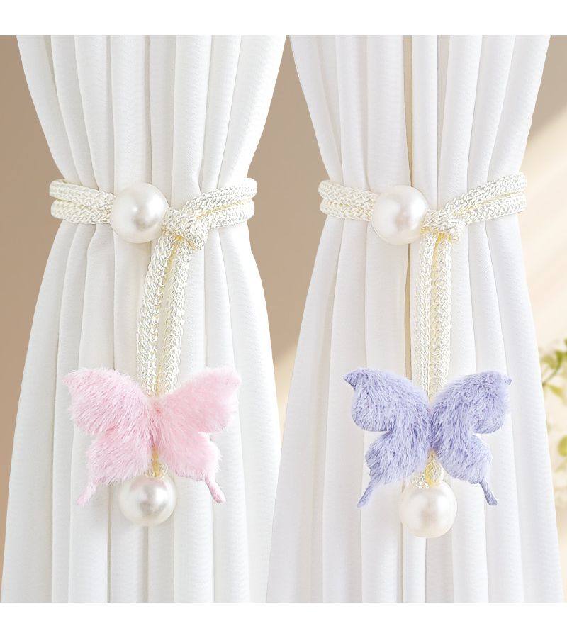 Light Pink 2pcs Simulation Butterfly Curtain Strap Pearl Decoration Non Perforated Buckle - Image 5
