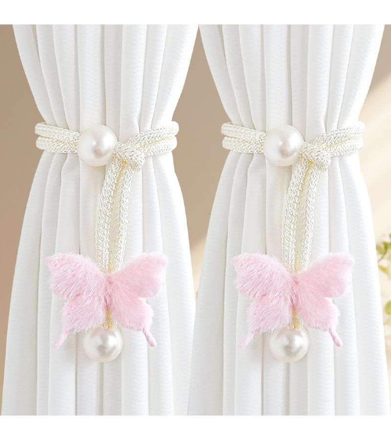 Light Pink 2pcs Simulation Butterfly Curtain Strap Pearl Decoration Non Perforated Buckle - Image 4