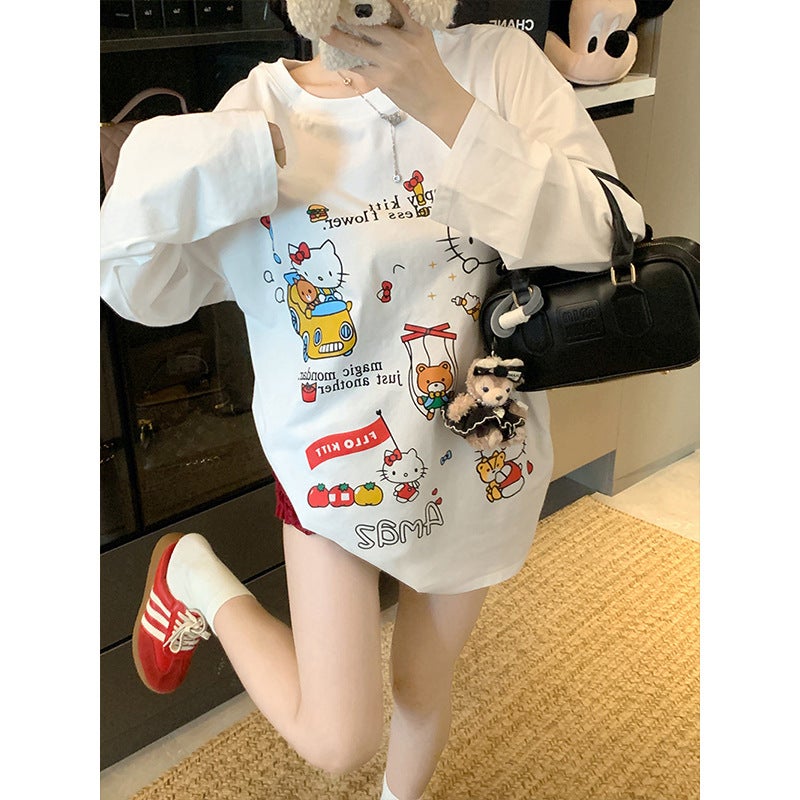 Cute Kt Cat Printed Long-Sleeved Loose T-Shirt Women'S Autumn Casual White Sweet Design All-Match Round Neck Top - Image 2