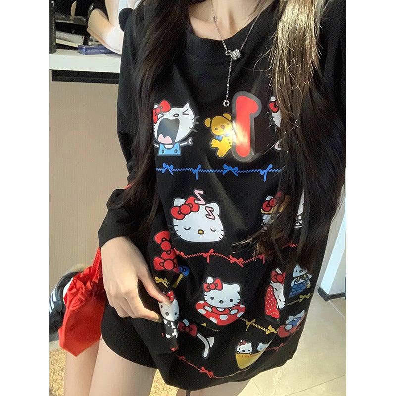 Cute Kt Cat Printed Long-Sleeved Loose T-Shirt Women'S Autumn Casual White Sweet Design All-Match Round Neck Top - Image 1