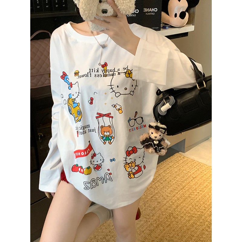 Cute Kt Cat Printed Long-Sleeved Loose T-Shirt Women'S Autumn Casual White Sweet Design All-Match Round Neck Top - Image 3